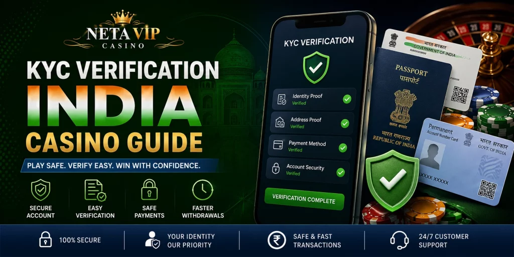 KYC Verification India Casino Guide banner for Neta VIP Casino with secure account verification, identity proof, payment check, and fast withdrawal theme