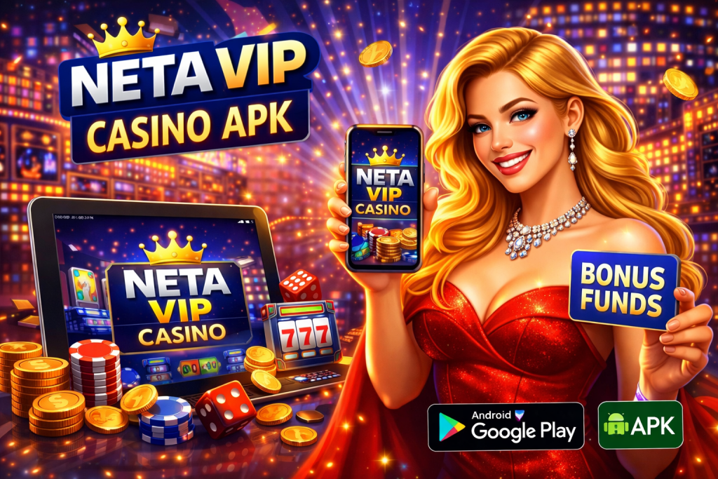 Mobile casino APK concept with smartphone screen showing slots, chips and coins in a modern digital gaming interface