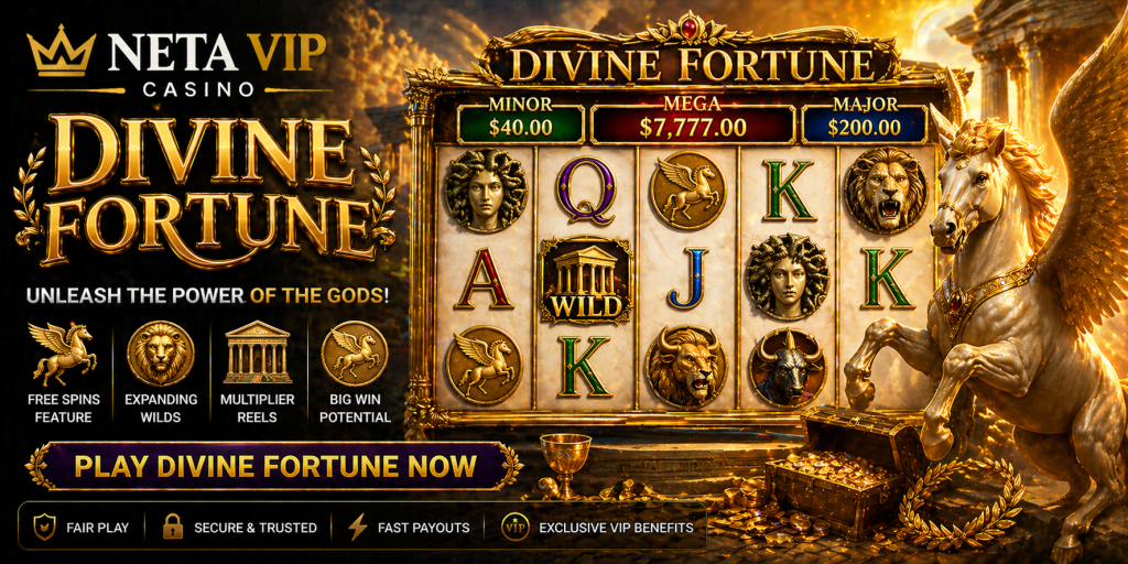 Mythology-themed slot banner with golden reels, ancient symbols, treasure chest, and divine visuals