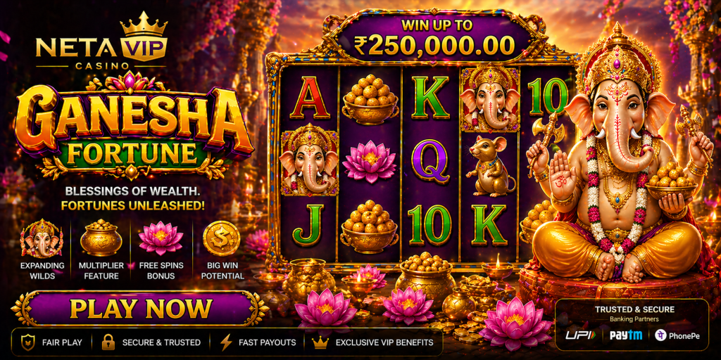 Colorful slot banner with Ganesha theme, gold coins, lotus flowers, and rich temple visuals