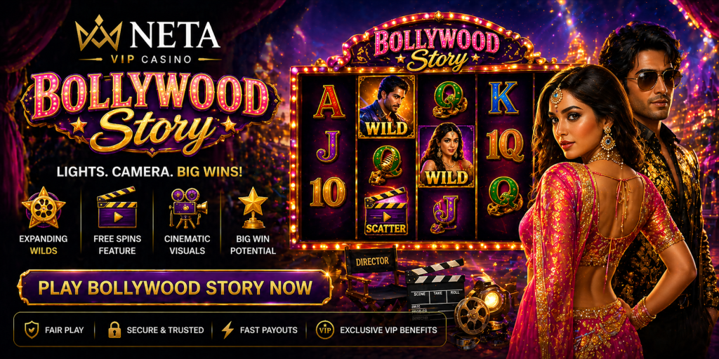 Colorful Bollywood-themed slot banner with bright lights, film elements, and vibrant reels
