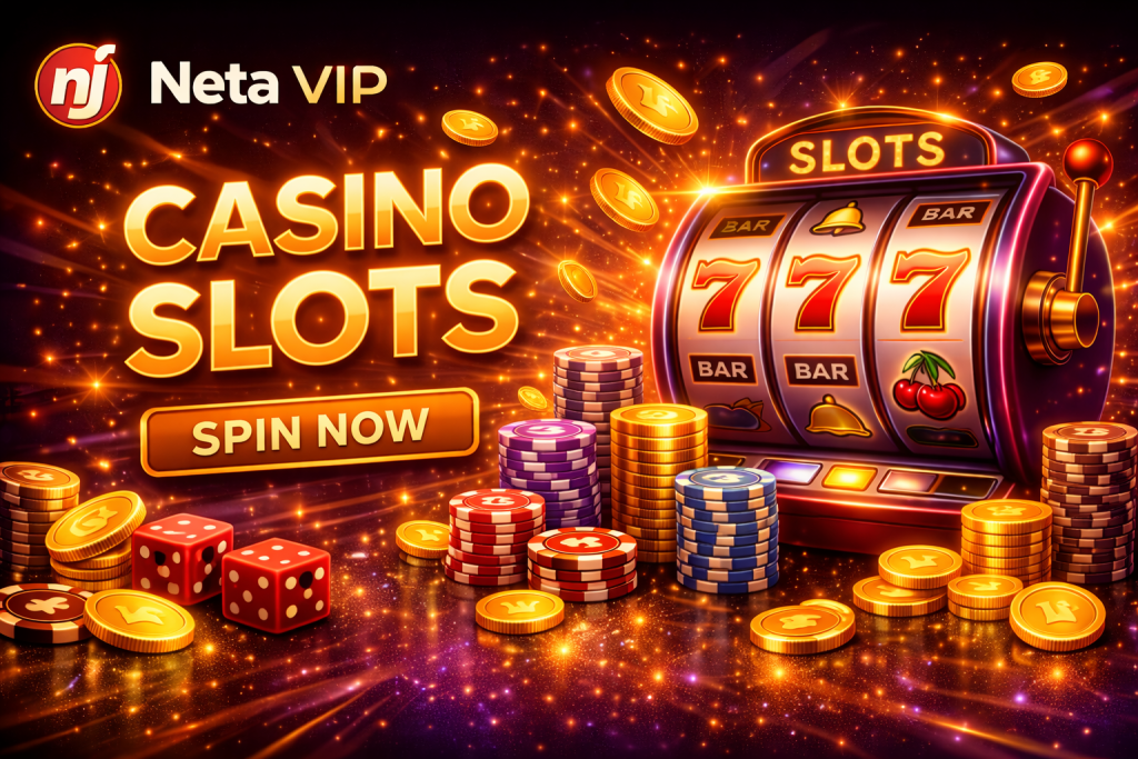 Casino slots banner with glowing slot machine, coins, chips and dice on vibrant neon background