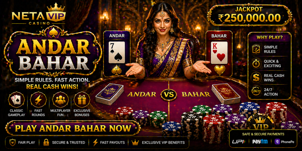 Casino card game banner with Andar Bahar table, playing cards, chips, and vibrant luxury visuals