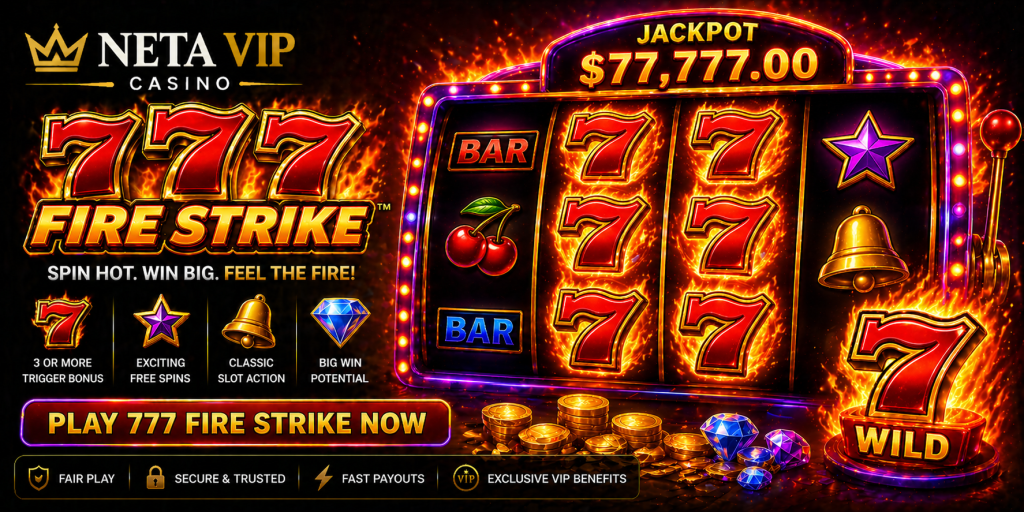 Fiery slot banner with glowing 777 reels, bright lights, coins, and high-energy casino visuals