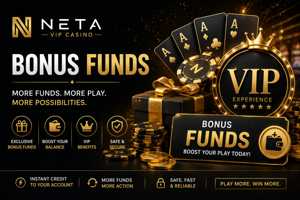 Luxury casino bonus funds banner with gold chips, VIP badge, gift box, and premium rewards on a dark background