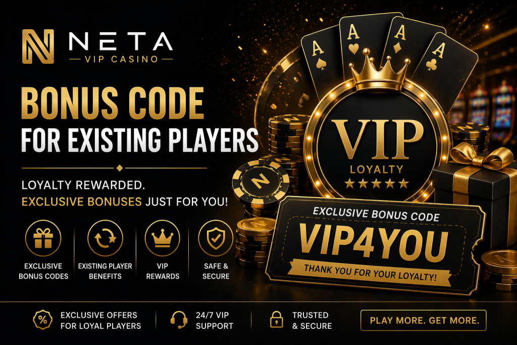 VIP casino loyalty bonus banner with gold chips, premium badge, playing cards, and exclusive rewards for existing players