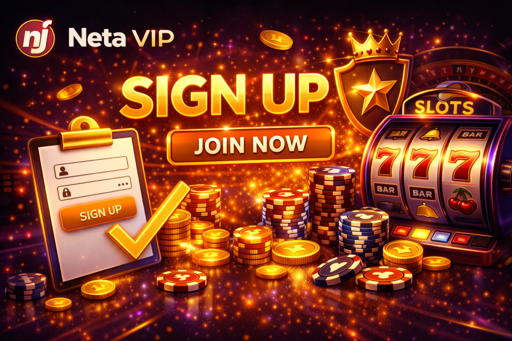 Casino sign up banner with glowing form, coins, chips and slot machine on dark neon background