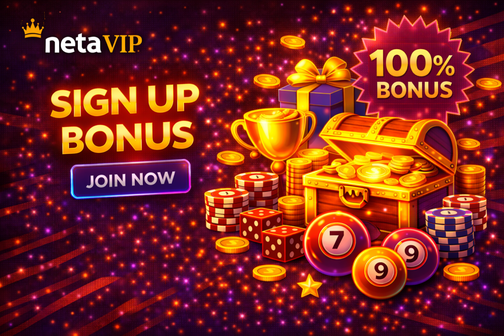 Casino sign up bonus banner with glowing gift box, trophy, coins and bonus elements on dark neon background