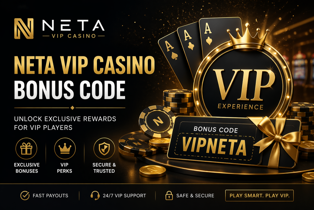 Luxury casino bonus code banner with gold chips, VIP badge, playing cards, and exclusive rewards theme on a dark background