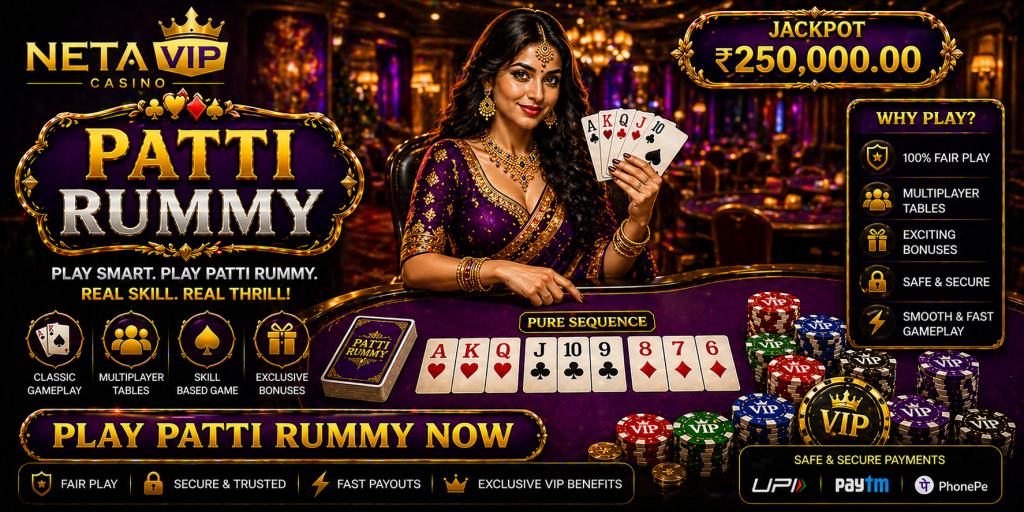 Casino card game banner with Patti Rummy table, playing cards, chips, and elegant casino visuals