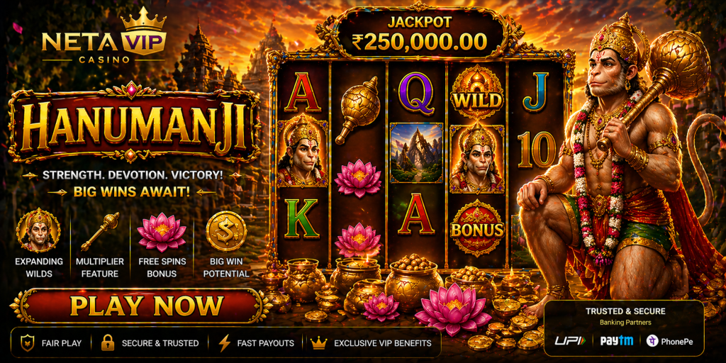 Colorful slot banner with Hanuman theme, gold coins, lotus flowers, and vibrant temple visuals