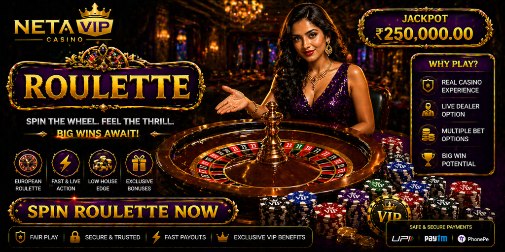 Casino roulette banner with spinning wheel, chips, and elegant table visuals