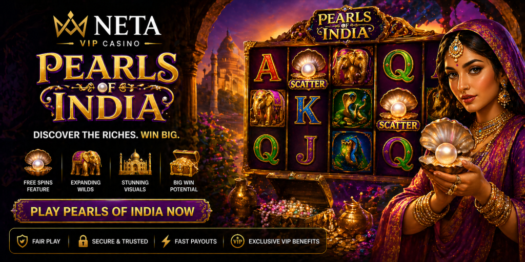 Colorful slot banner with Indian theme, glowing pearls, ornate jewelry, and rich treasure visuals