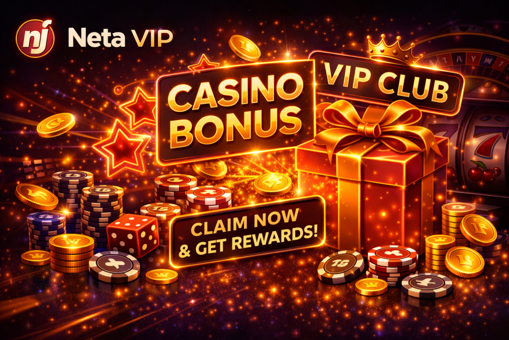 Casino bonus banner with glowing gift box, coins, chips and VIP elements on dark background