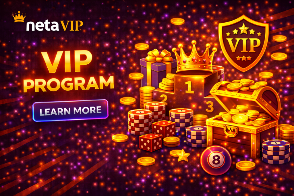Casino VIP program banner with golden crown, podium, coins, treasure chest and glowing premium elements on dark background
