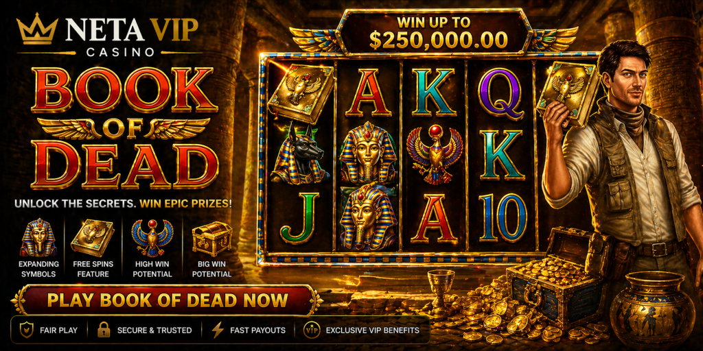 Ancient Egypt slot banner with explorer theme, golden symbols, mystical book, and desert temple background