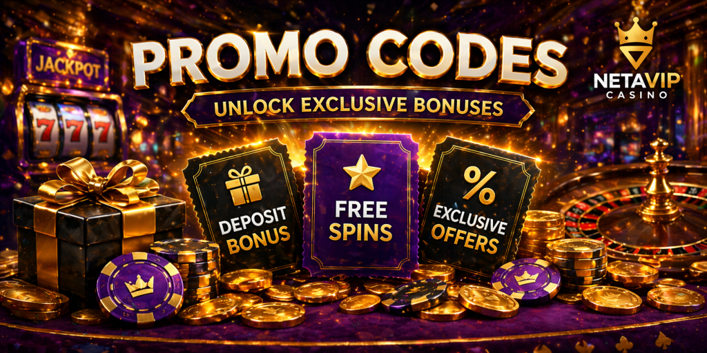 Casino promo codes concept with bonus tickets, chips, and glowing rewards