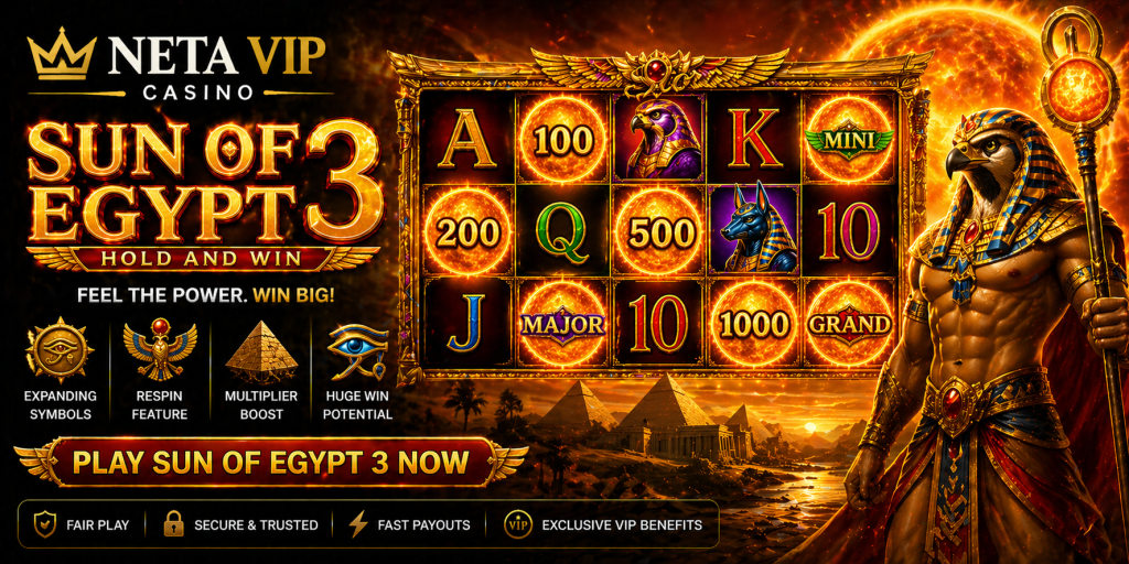 Ancient Egypt slot banner with glowing sun symbols, pyramids, and powerful deity visuals