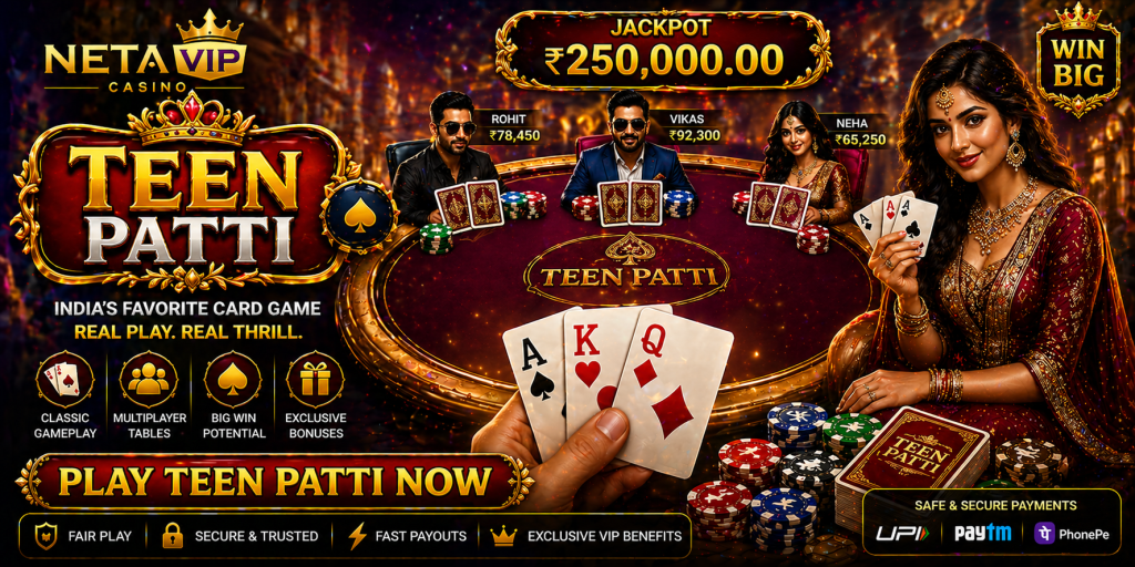 Casino card game banner with Teen Patti table, playing cards, chips, and luxury visuals