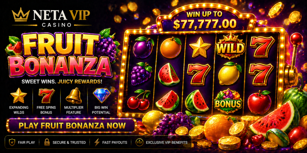Colorful fruit slot banner with juicy symbols, glowing reels, coins, and vibrant casino visuals