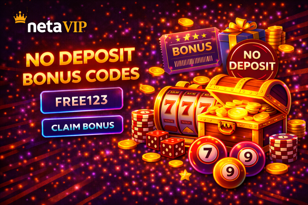 Casino no deposit bonus banner with glowing gift box, coins, chips and free reward elements on dark neon background