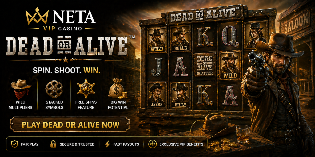 Wild West slot banner with cowboy, revolver, vintage reels, and saloon-style background