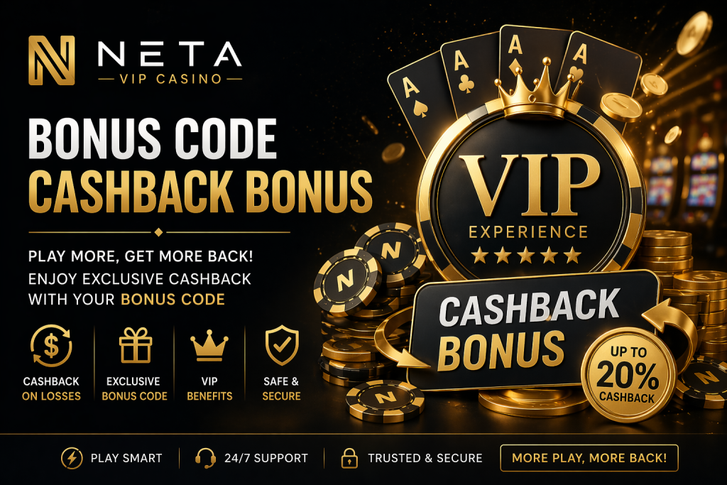 Premium cashback bonus banner with gold casino chips, VIP emblem, playing cards, and luxury rewards on a dark background