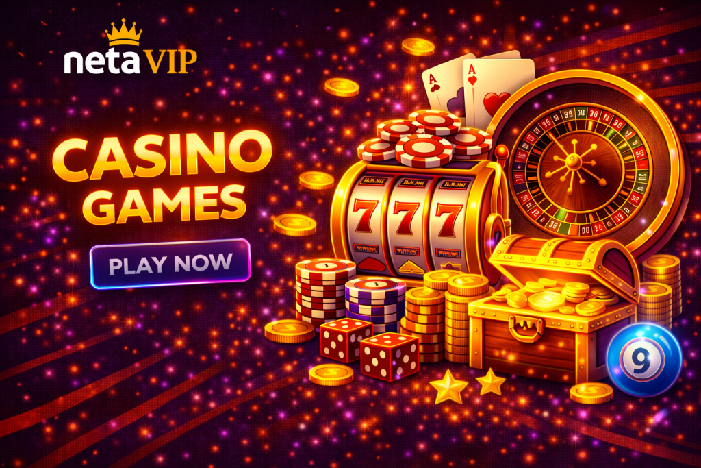 Casino games banner with slot machine, roulette wheel, cards, chips and glowing coins on dark neon background