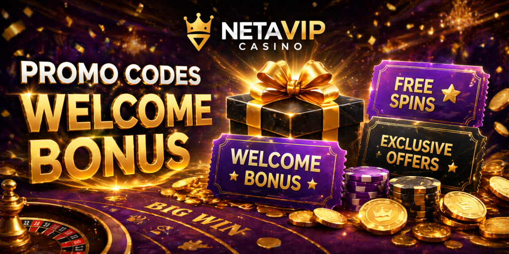 Casino welcome bonus scene with gift box, coins, and promo tickets