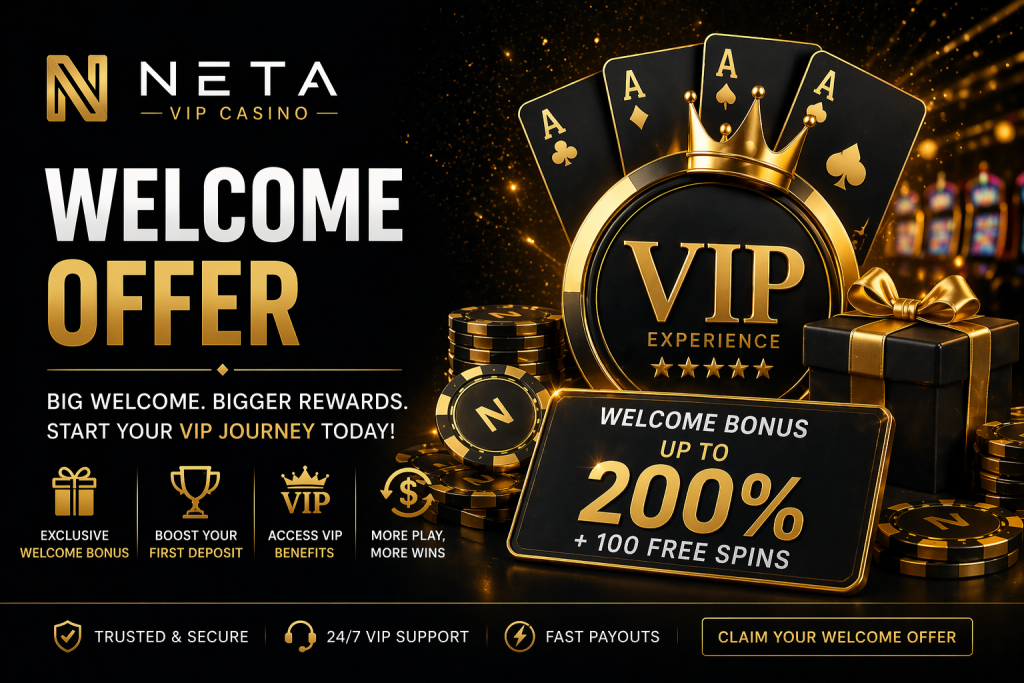 Luxury casino welcome offer banner with gold chips, VIP badge, gift box, and premium bonus rewards on a dark background