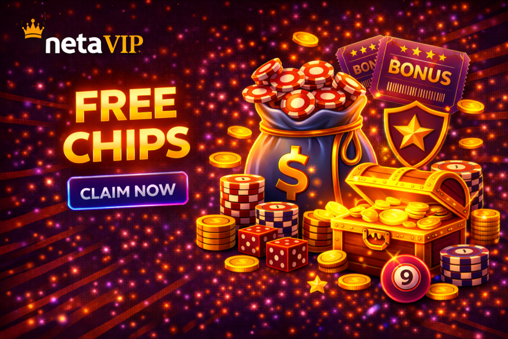 Casino free chips banner with glowing chip stacks, coins, bonus tickets and neon effects on dark background