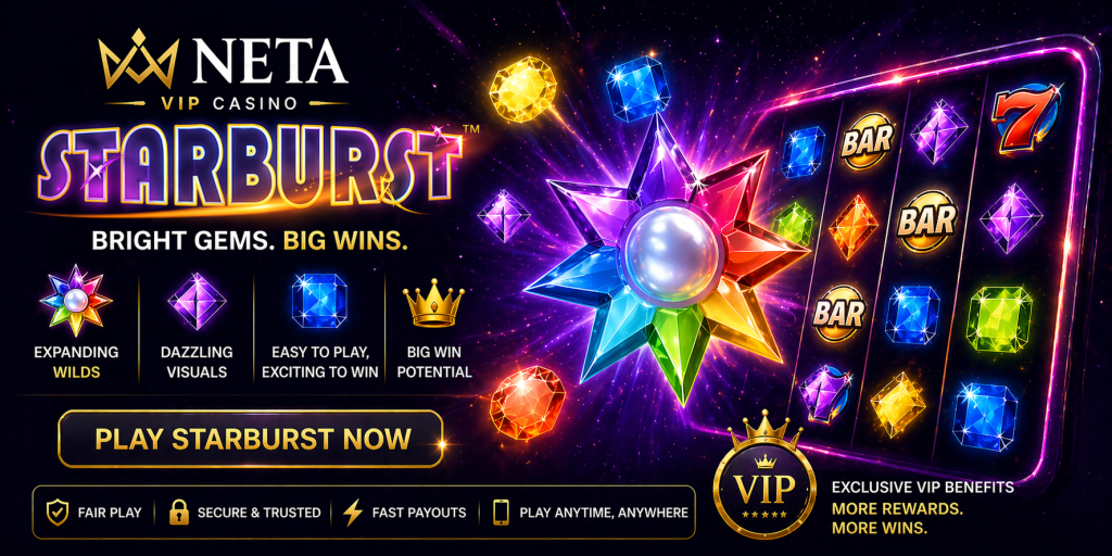 Colorful Starburst slot banner with glowing gems, cosmic background, and spinning reels