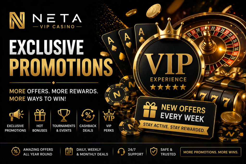 Luxury casino promotions banner with gold chips, VIP badge, playing cards, and exclusive bonus offers on a dark background