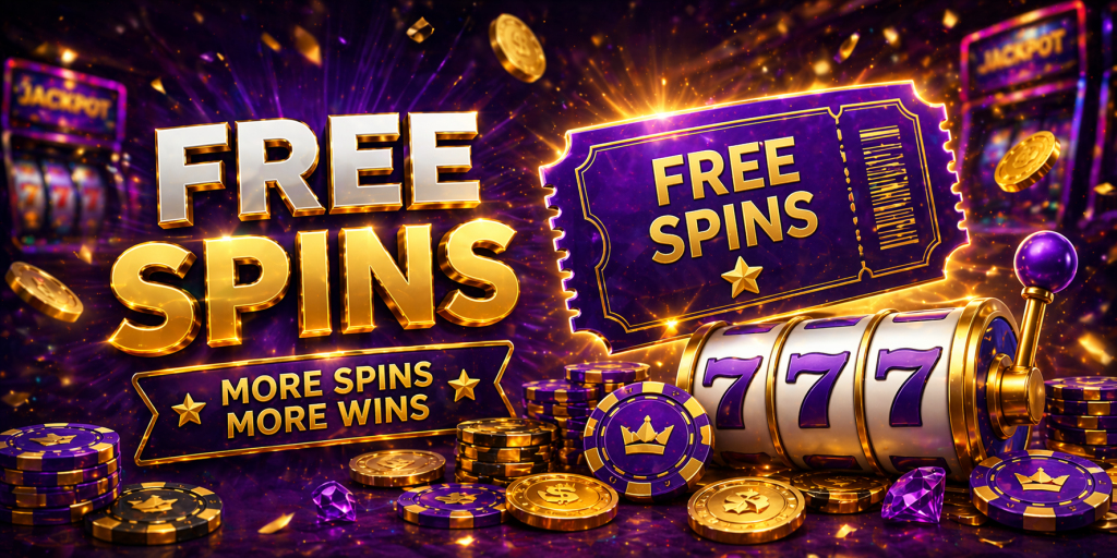 Free spins concept with slot machine, chips, and glowing bonus ticket