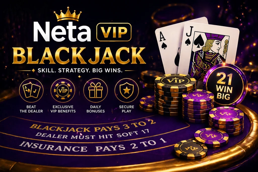 Luxury blackjack table with cards, chips and glowing VIP casino elements