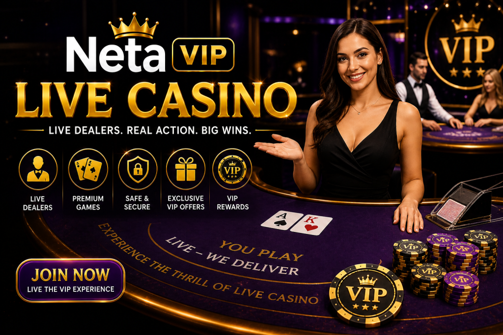 Live dealer table with cards, chips and VIP casino atmosphere